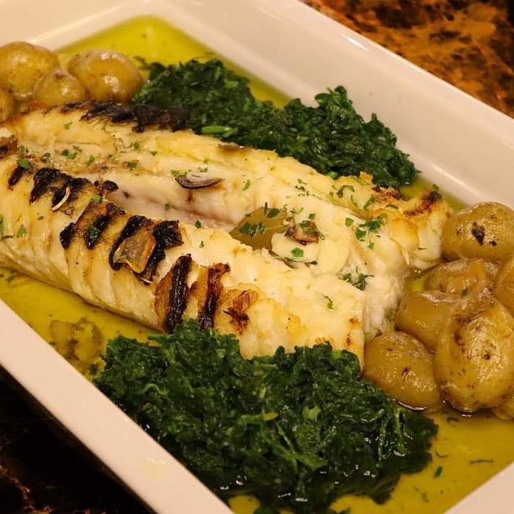 baked cod with potatoes and greens